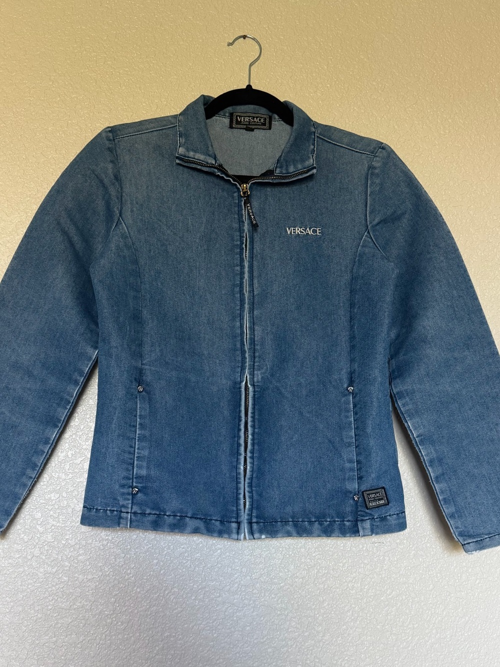 Versace Blue Distress Denim Zip-Up Jacket